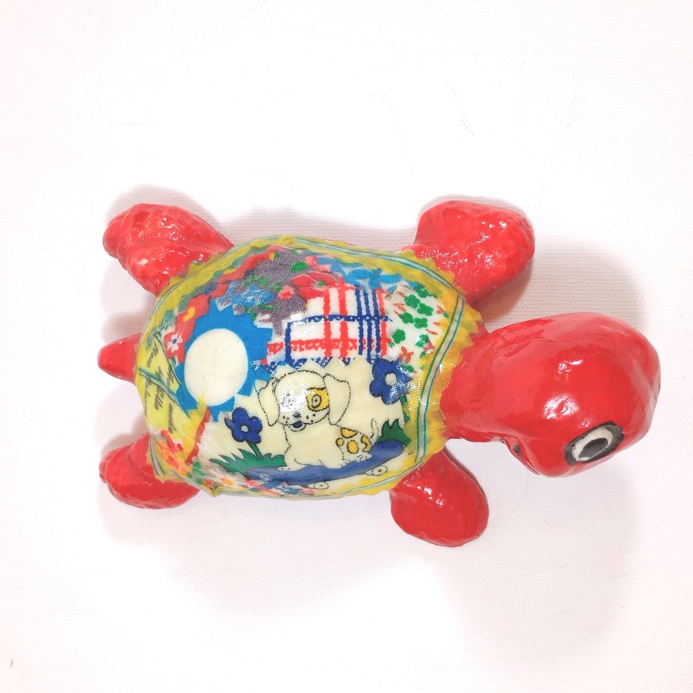 Handmade Turtle Figurine OS Red Excellent Folk Art Decoupage Ella NOLA